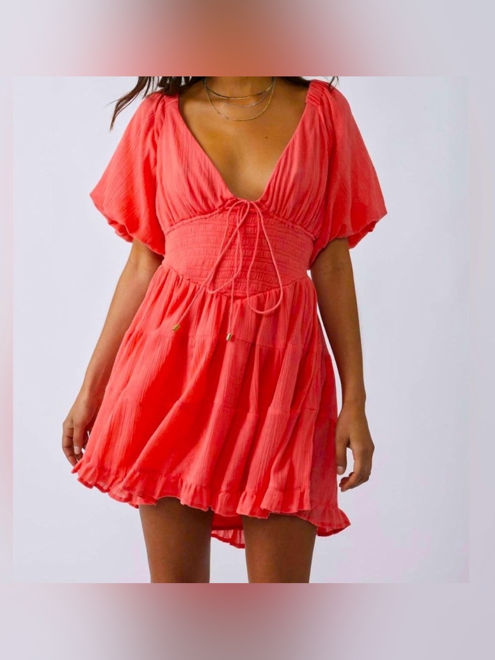 Free People Coral Puff Sleeve Mini Dress with Plunge Neckline